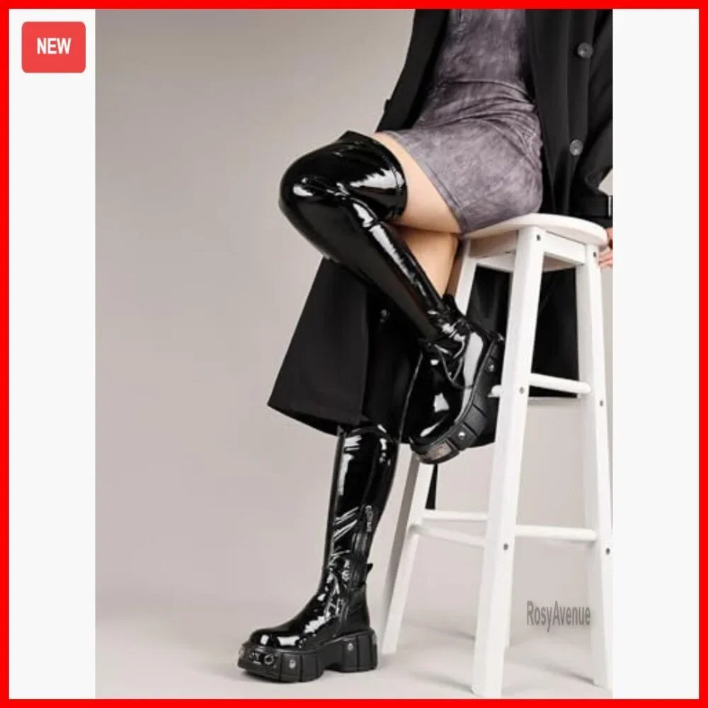 Women's Over the Knee Boots Platform Lug Sole Stretch Mid Heel Zipper